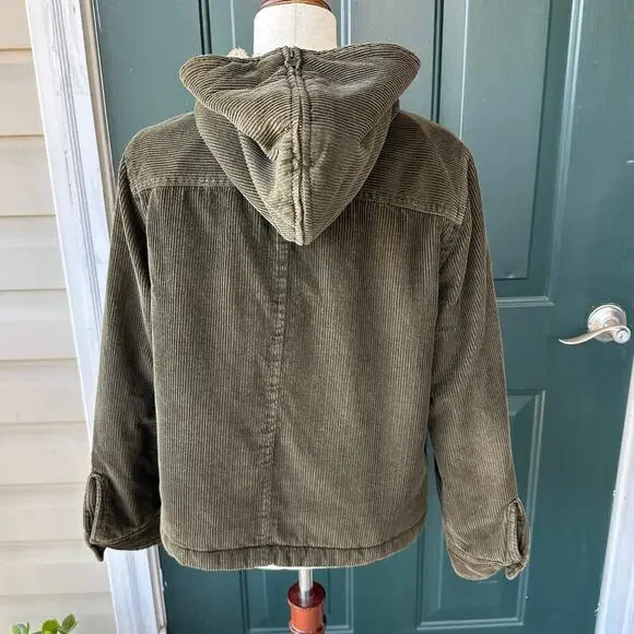 Vintage J. Crew Heavy Corduroy Sherpa Barn Jacket Sz M Olive Convertible Hood - Picture 4 of 9